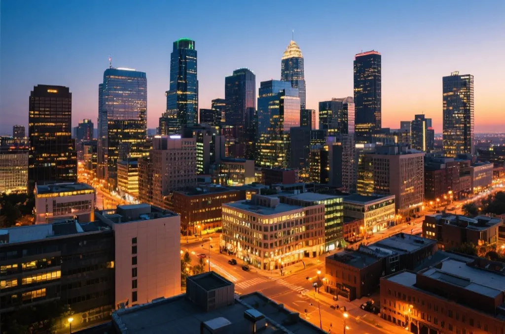 A high-angle view of a vibrant North American city skyline at dusk, showcasing modern architecture and glowing streetlights, no text