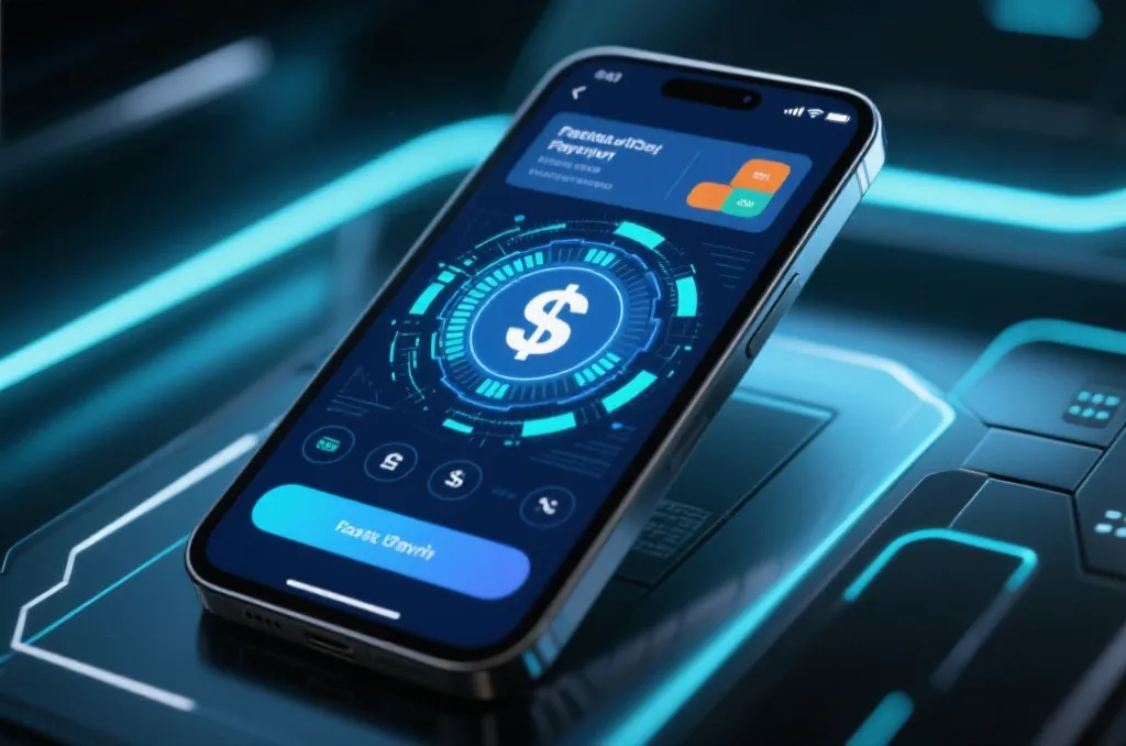 An abstract futuristic mobile interface representing secure fast digital payments and encrypted financial transactions